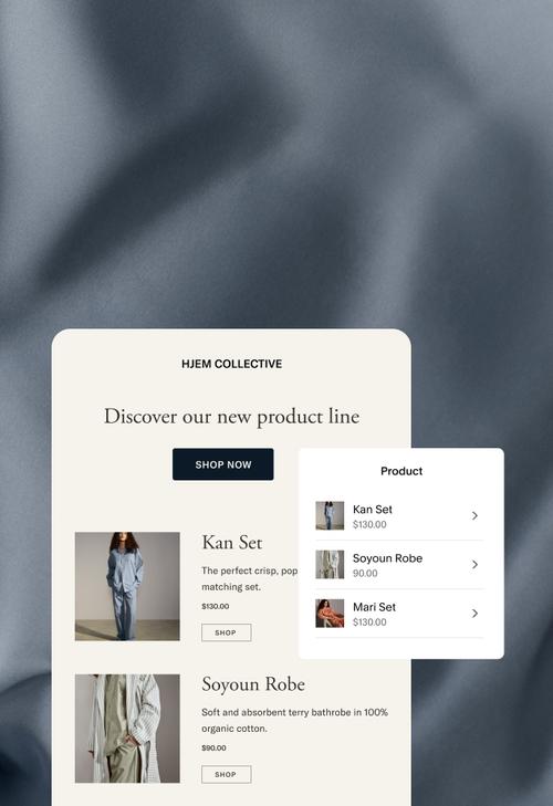 An email campaign showing product blocks with direct integration with the customer’s online store.