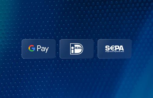Logos of alternative payment methods displayed on a blue background: Google Pay, iDEAL, and SEPA (Single Euro Payments Area).
