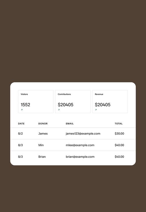 Donation dashboard displaying visitor count, total contributions, and revenue with donor details including names, emails, and donation amounts.