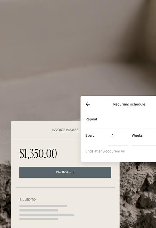 Recurring invoice setup showing repeat every 4 weeks and a $1,350 invoice with a pay button