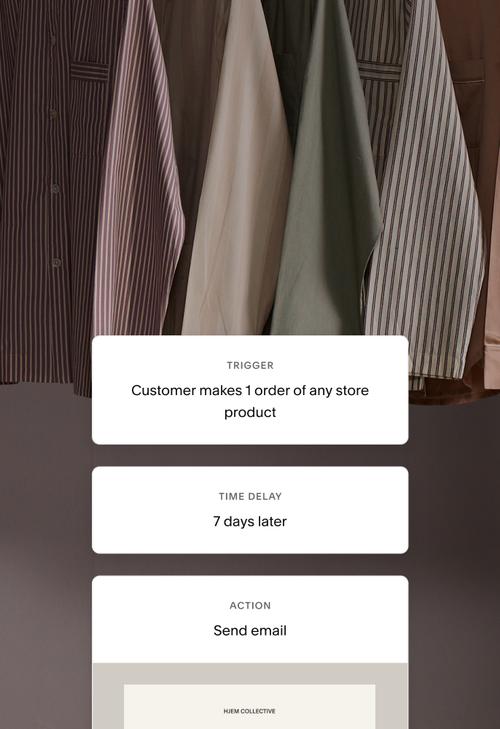 A sample flow of automations for an email subscriber’s journey. The flow trigger is "Customer makes 1 order of any store product." The time delay is "7 days later." And the action is "Send email" with the newsletter visual.
