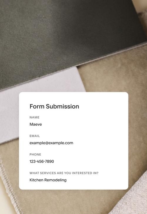 Form submission summary displaying contact details for Maeve and service interest in Kitchen Remodeling.