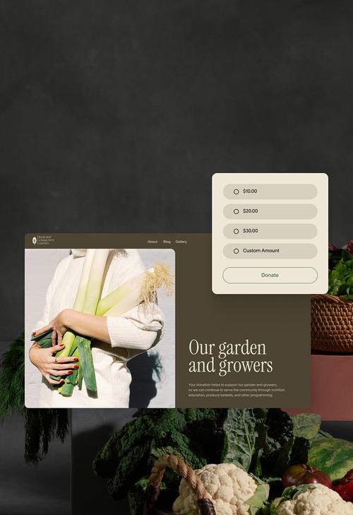 Website donation page showing a person holding fresh leeks beside vegetables with text ‘Our garden and growers’ and donation options for $10, $20, $50, or a custom amount.