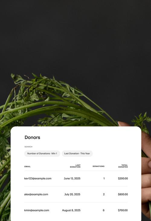 Donor management dashboard listing donor emails, last donation dates, number of donations, and total donated amounts.