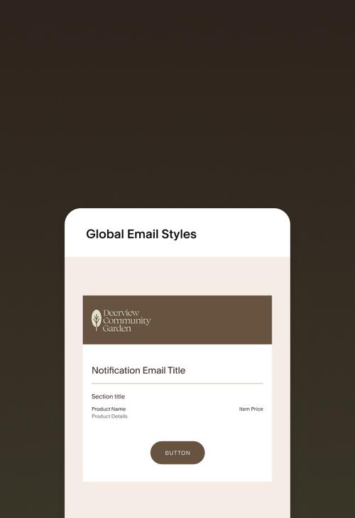 Email template preview titled Global Email Styles showing a notification layout for Deerview Community Garden with placeholder text and a button.