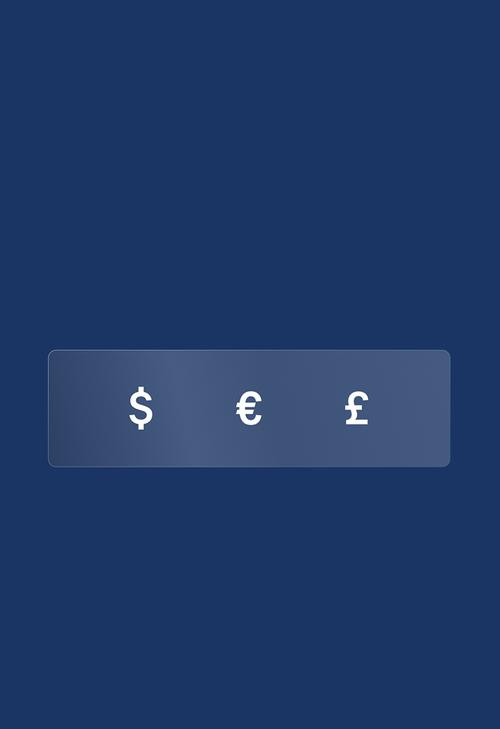Currency selector interface on dark blue background, with three buttons displaying dollar sign, euro sign, and pound sign.
