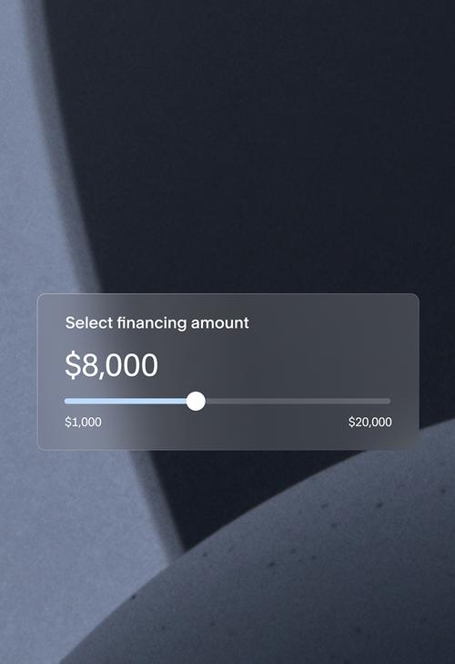 Financing slider interface on a minimal background. Label `Select financing amount` set to `$8,000`, range `$1,000` to `$20,000`.