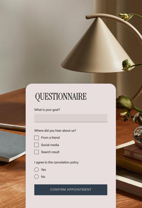 Questionnaire form asking user’s goal, referral source, and cancellation policy agreement.