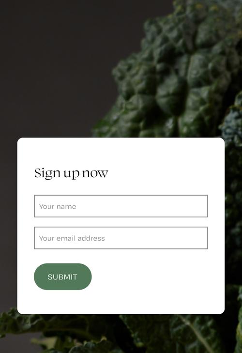 Newsletter signup form with fields for name and email address and a green submit button displayed over leafy greens background.