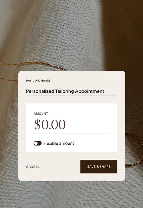 Payment form for a Personalized Tailoring Appointment showing $0.00 amount and a flexible payment amount toggle.