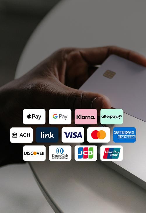 Hand holding a white payment card near a laptop keyboard. Overlay shows a grid of accepted payment methods.