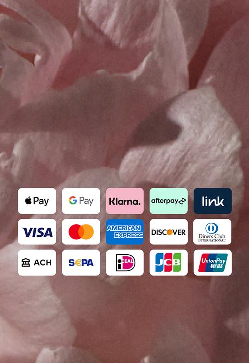 Aggregate of payment method options: Apple Pay, Klarna, afterpay, ACH, link, VISA, Mastercard, American Express, Discover, Diners Club International, JCB, Union Pay