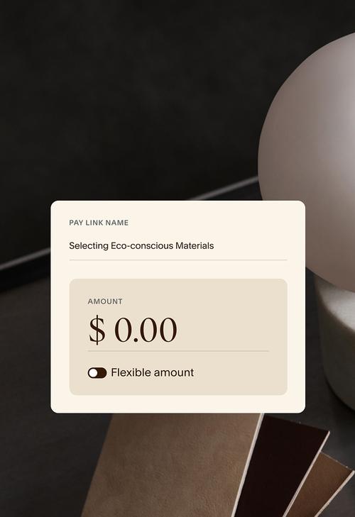 Payment form for Selecting Eco-conscious Materials showing $0.00 amount and a flexible amount toggle.