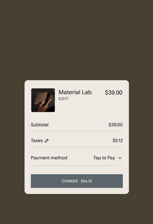 Checkout summary for a $39 Material Lab order showing subtotal, taxes, and Tap to Pay option.