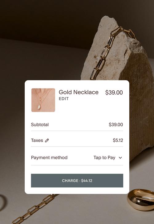 Checkout summary for a $39 Gold Necklace with subtotal, taxes, and Tap to Pay payment method shown against a jewelry background.