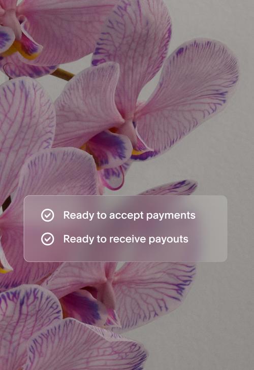 Confirmation message with checkmarks: Ready to accept payments, Ready to receive payouts. Overlayed on a floral texture.