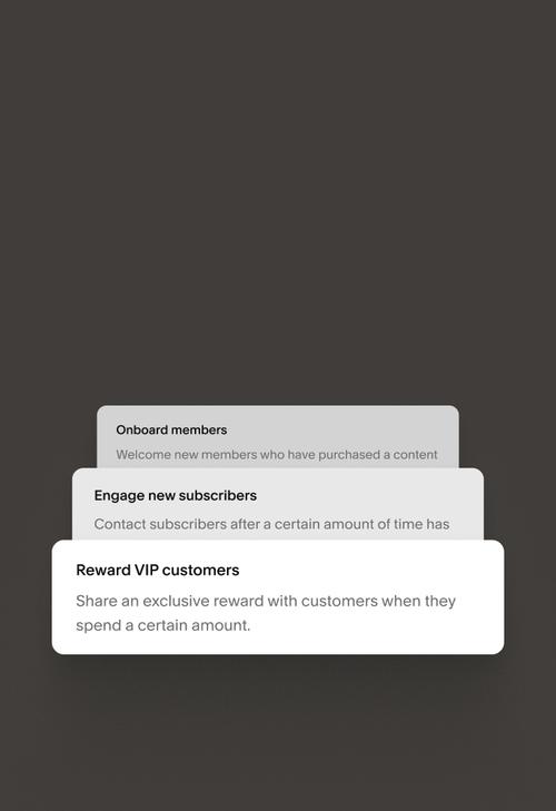 A list of example email types of onboard members, engage new subscribers, and reward VIP customers.