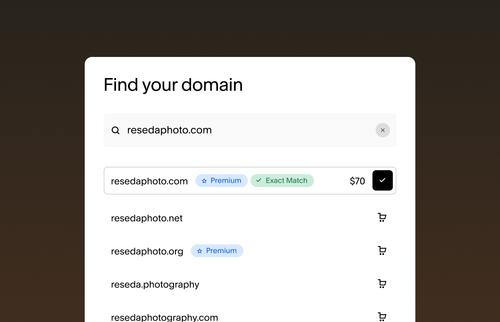 Domain search interface showing availability results for “resedaphoto.com” marked as premium and exact match for $70, with alternative domain extensions listed.