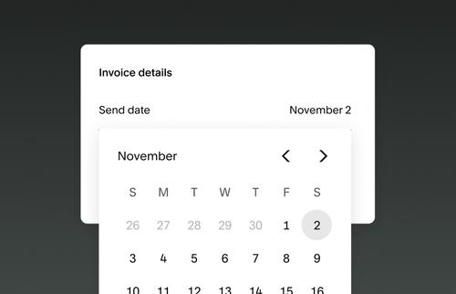 Invoice scheduling screen displaying a calendar interface to set a send date, with November 2 selected.