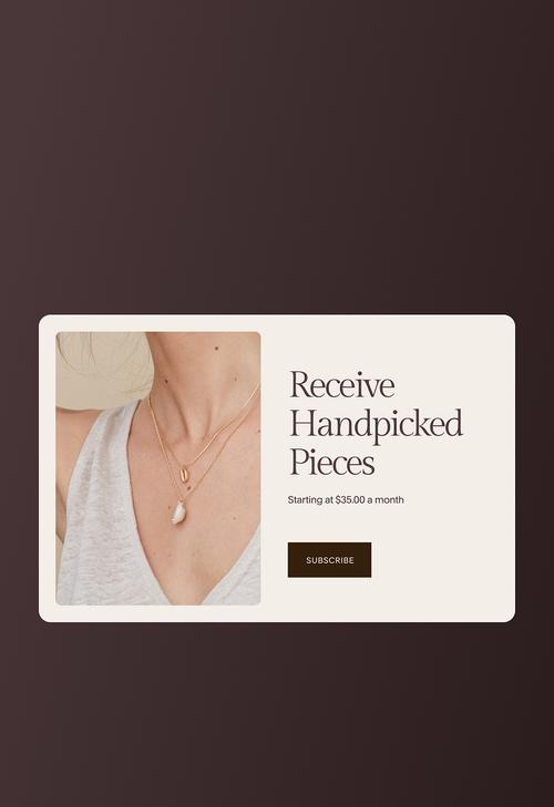 Jewelry subscription ad featuring a woman wearing layered gold necklaces with the text ‘Receive Handpicked Pieces’ and a subscribe button.”