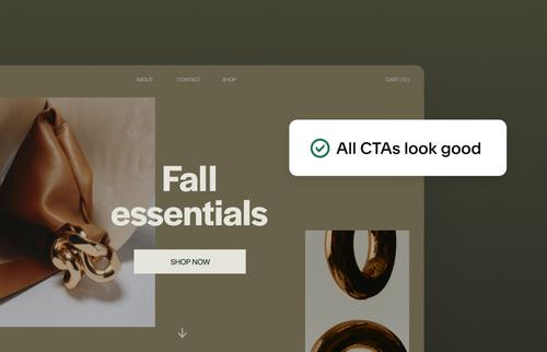 Website interface displaying a site check overlay with confirmation that all CTAs look good on a Fall Essentials shopping page.