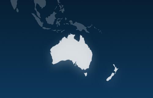 A map highlighting Australia and New Zealand in white, with surrounding Southeast Asian islands shown in gray on a dark blue background.