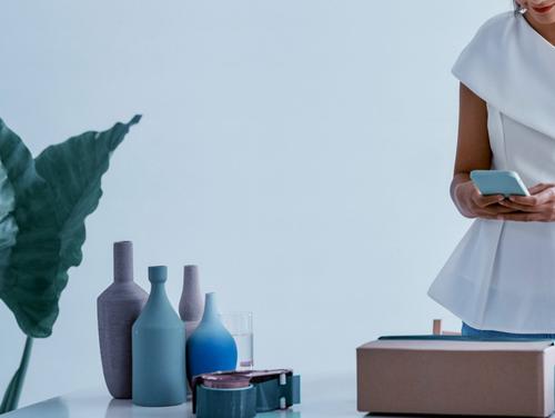 Person holding a smartphone while standing next to a table with decorative vases, a cardboard box, and a large leaf in the background.