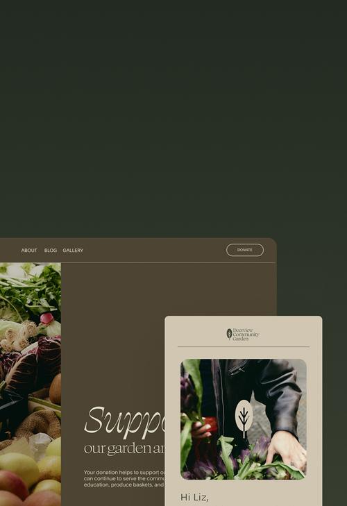 Website page with images of fresh produce promoting garden donations, featuring a message encouraging support for local growers.